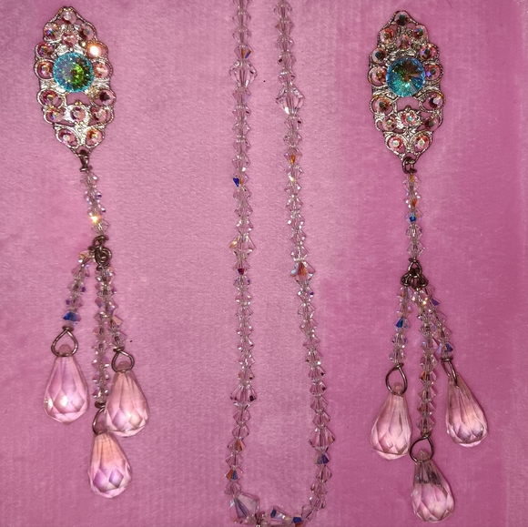 Vintage Clear & Watermelon Aurora Borealis Crystal Drop Necklace & Earring Set - Picture 4 of 7